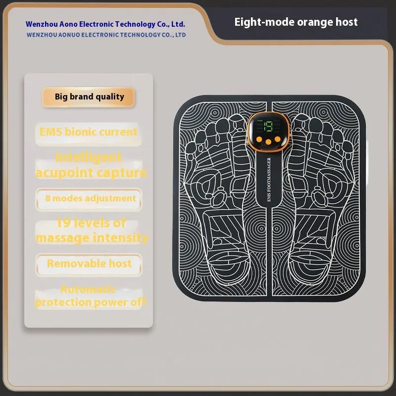 Blue rechargeable foot reflexology massager mat with remote control on a wooden floor.