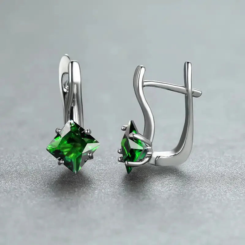 Women's diamond design earrings with zircon inlay on copper base in blue, green and colour options