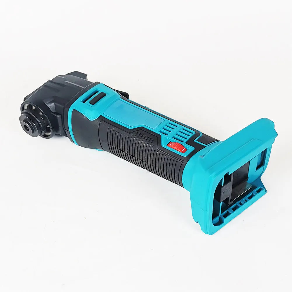 Rechargeable lithium battery garden trimming machine with metal body and 5 accessories in a plastic box.