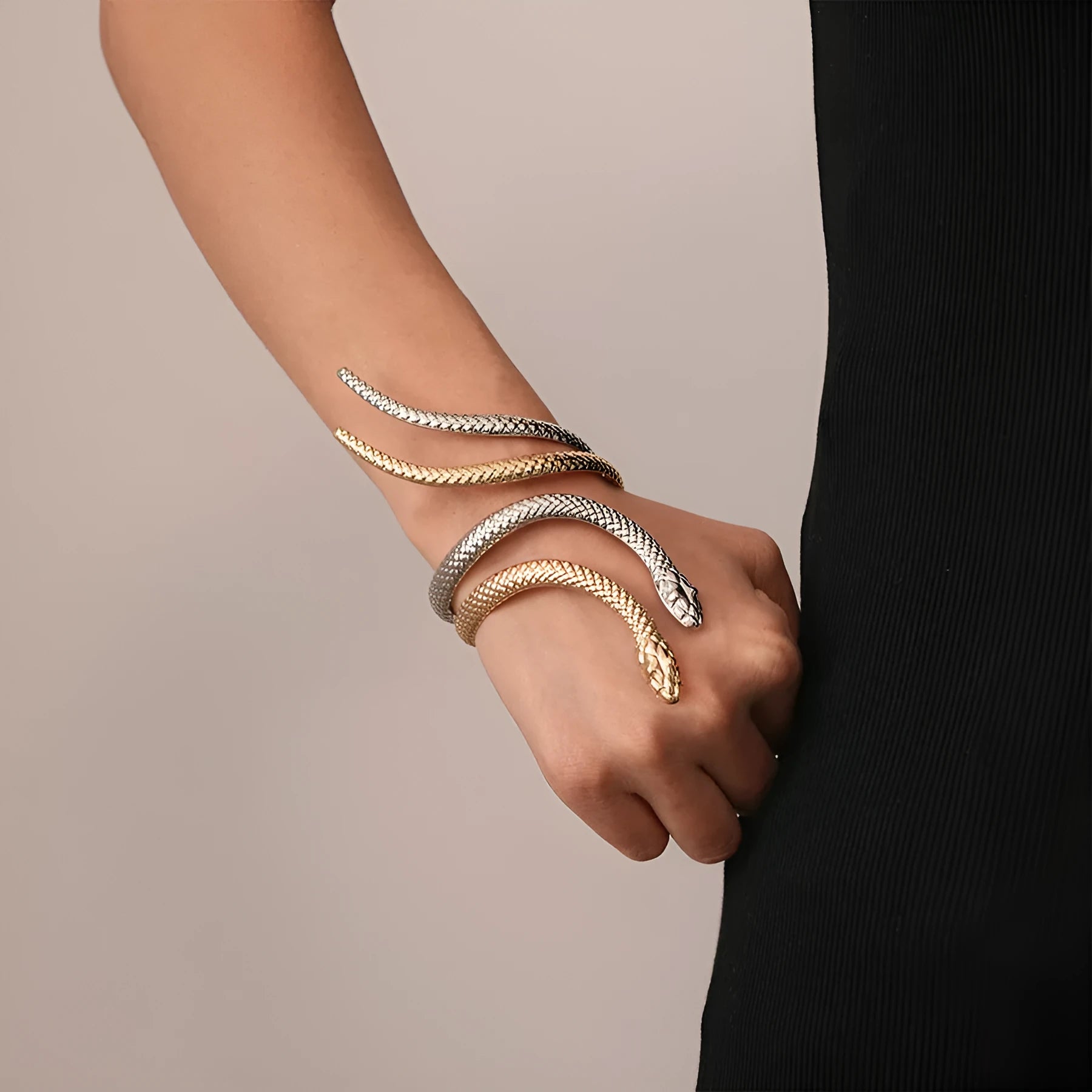 Exaggerated twisted winding simulated snakes opening metal ring and bracelet jewellery set