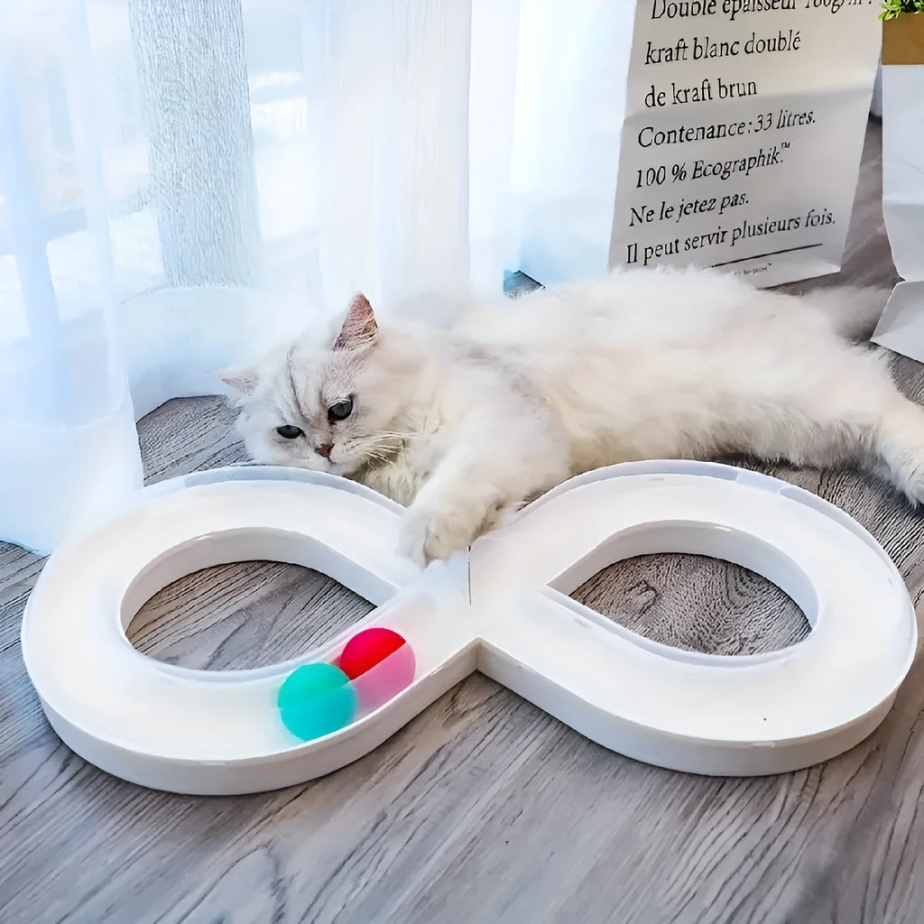 Blue and white cat toy set with turntable track ball system, teasing stick, and multiple balls