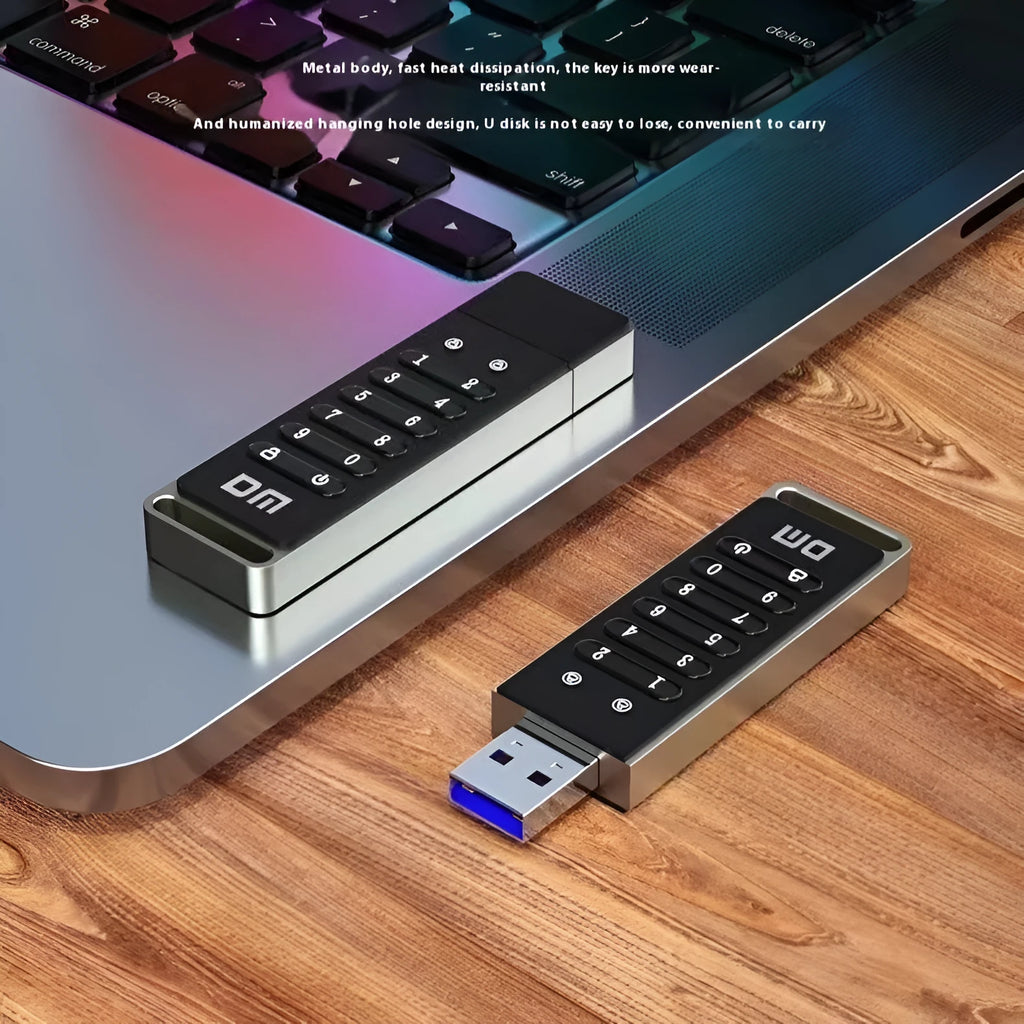 64GB fingerprint encrypted USB flash drive with metal housing showing USB 3.0 connector and digital button