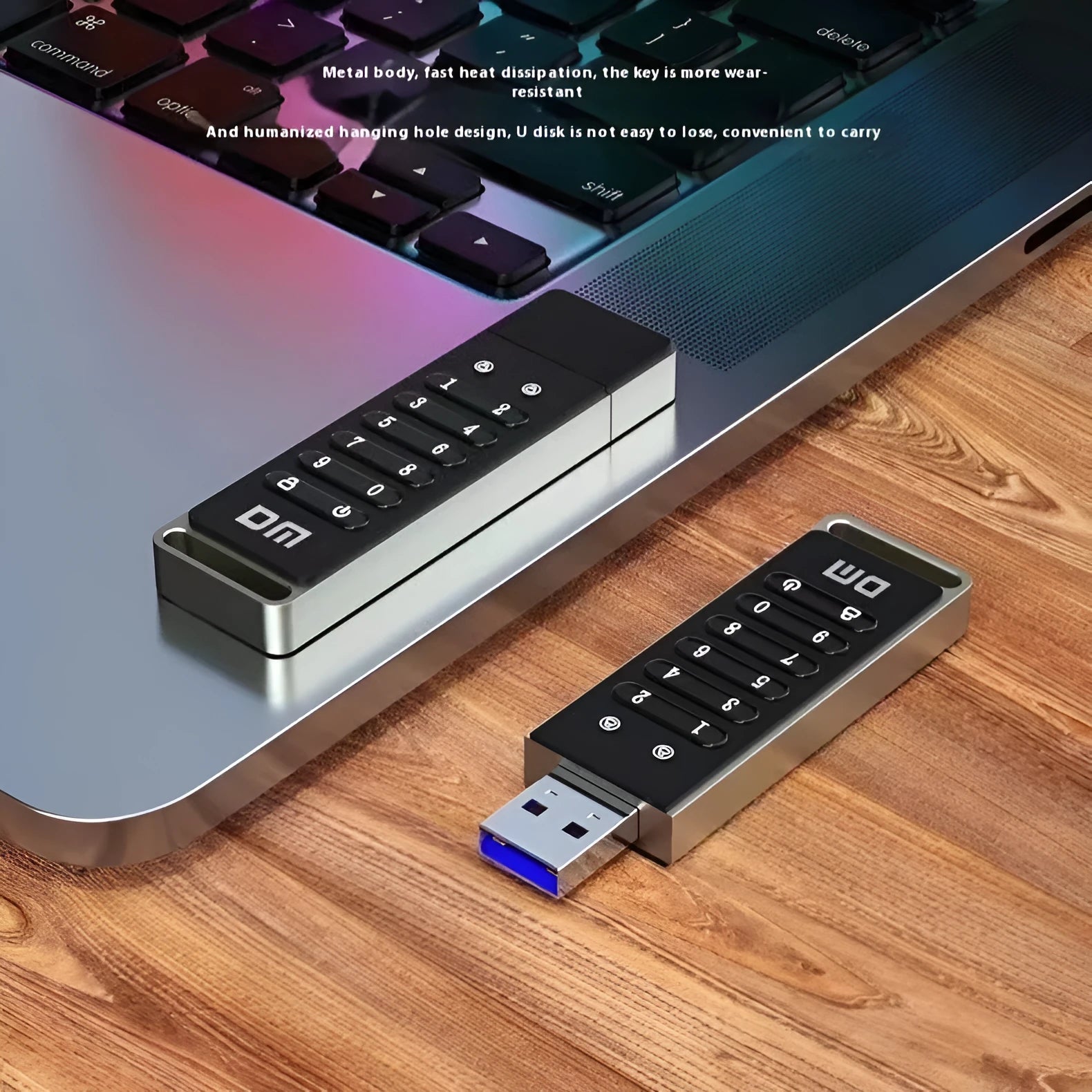 64GB fingerprint encrypted USB flash drive with metal housing showing USB 3.0 connector and digital button