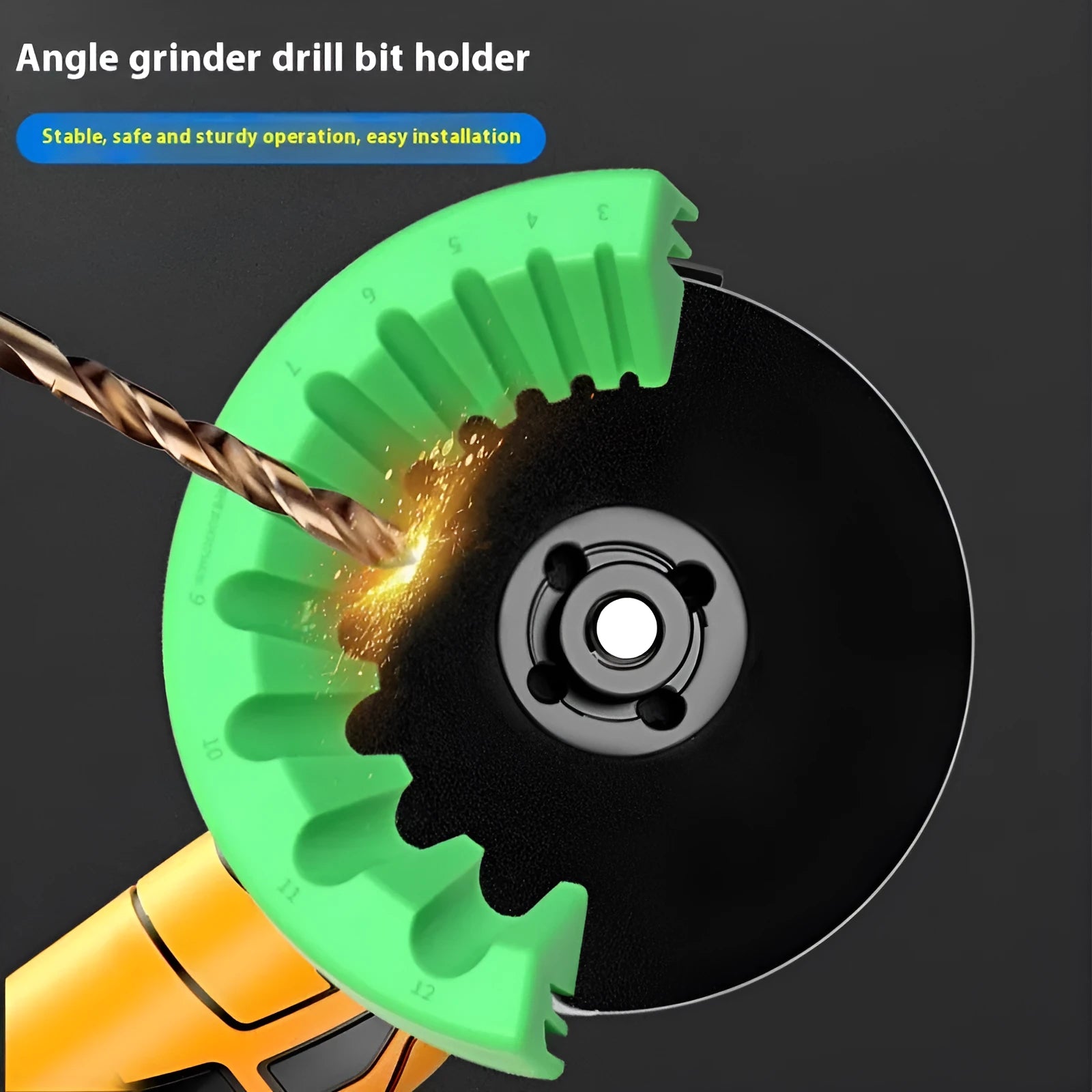 Angle grinder grinding bit bracket holder in black, green, and yellow colour options.