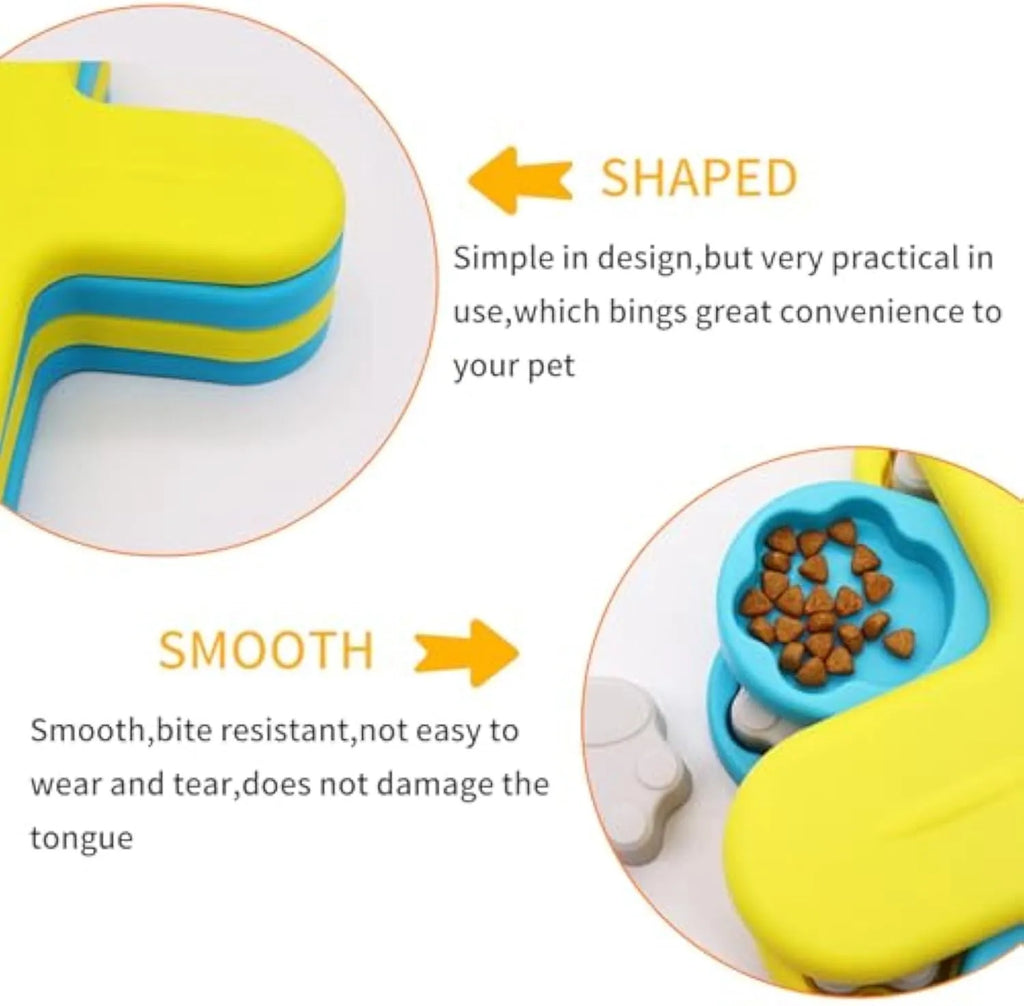 Yellow interactive dog puzzle feeder toy with rotating lids on a non-slip base
