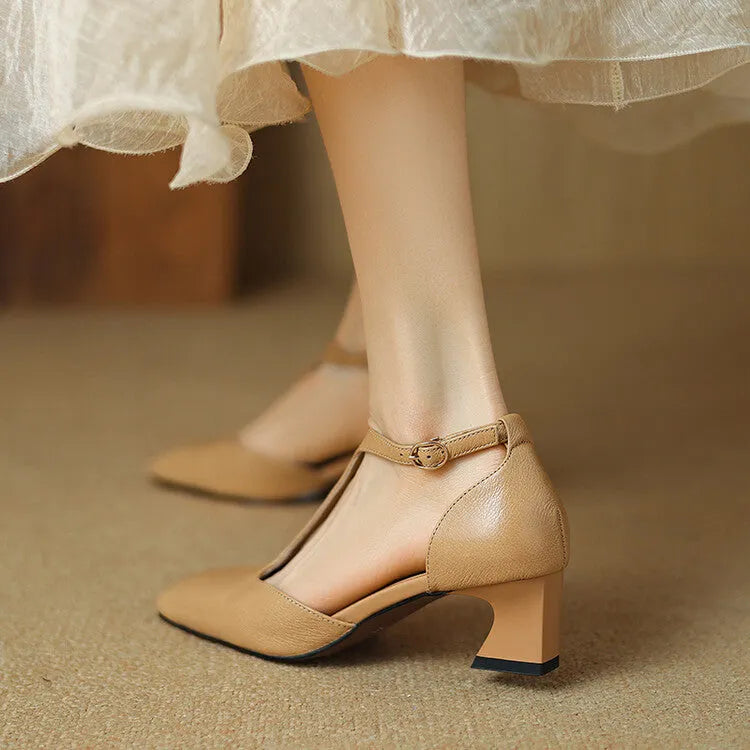 Wine red women's retro square toe buckle heels with a chunky block heel made from sheepskin leather.