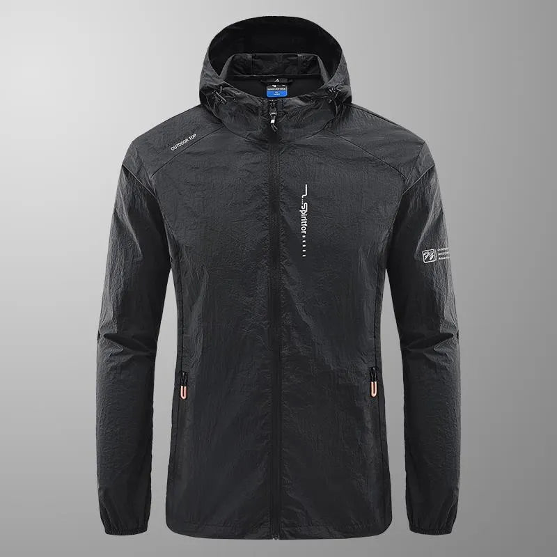 Men's loose fit hooded summer jacket in nylon, shown in light grey colour.