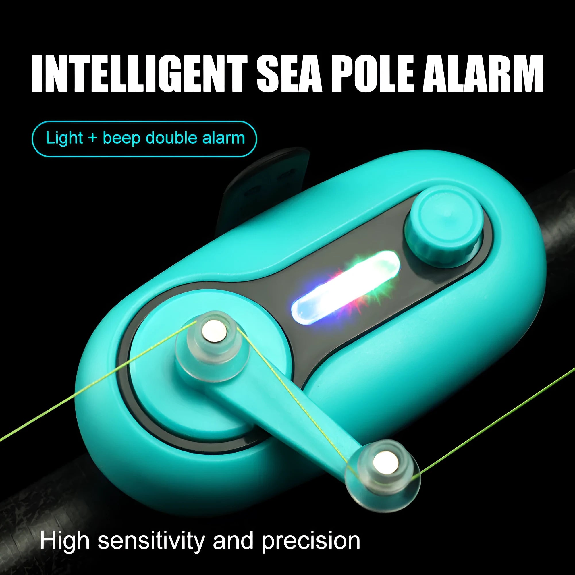 Blue electronic fishing bite alarm with LED light and buzzer attached to a fishing rod