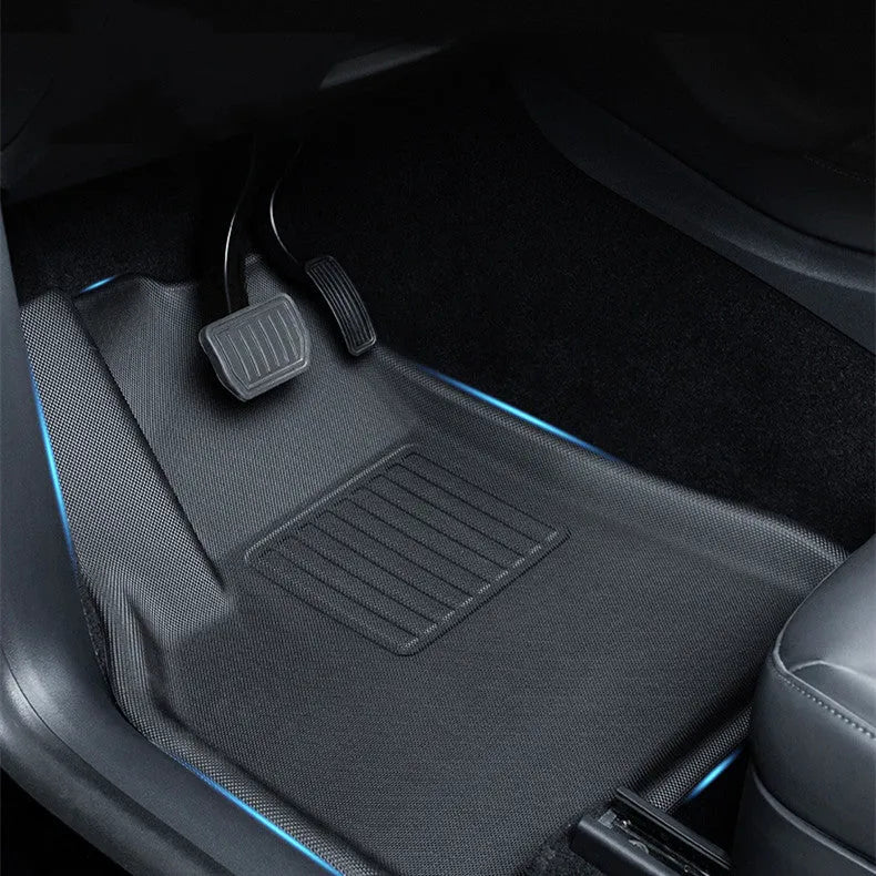 TPR material floor mat set for Tesla Model Y, showing footrest, front storage box, and tailbox mats.