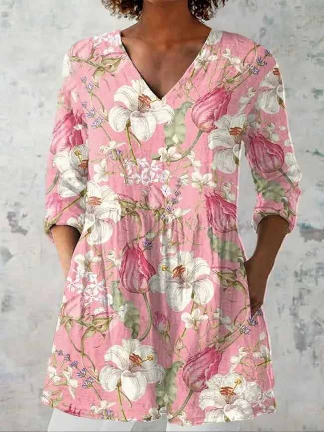 Women's long-sleeved polyester top in retro slim fit with digital print design.