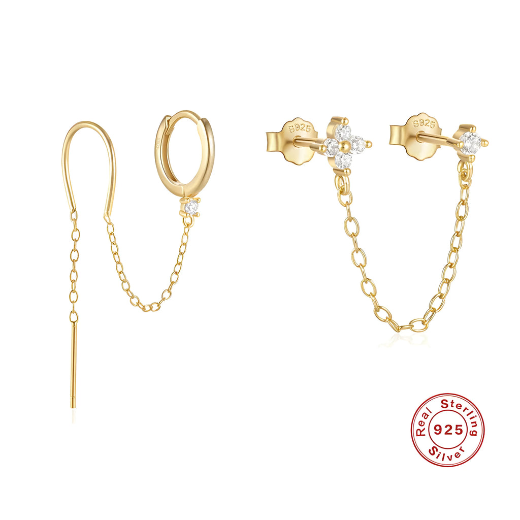 S925 sterling silver ear studs with a diamond flower, tassel, and chain design in a golden electroplated finish.