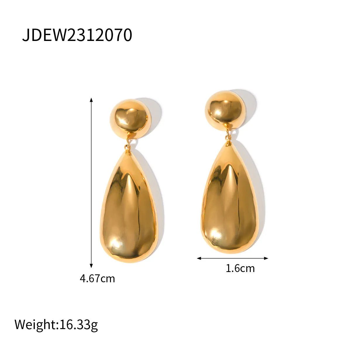Gold electroplated stainless steel water drop earrings with geometric hemisphere design