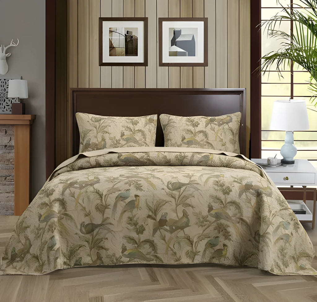 Blue cotton quilted bedspread with American floral and bird pattern, 230x250 cm three-piece set