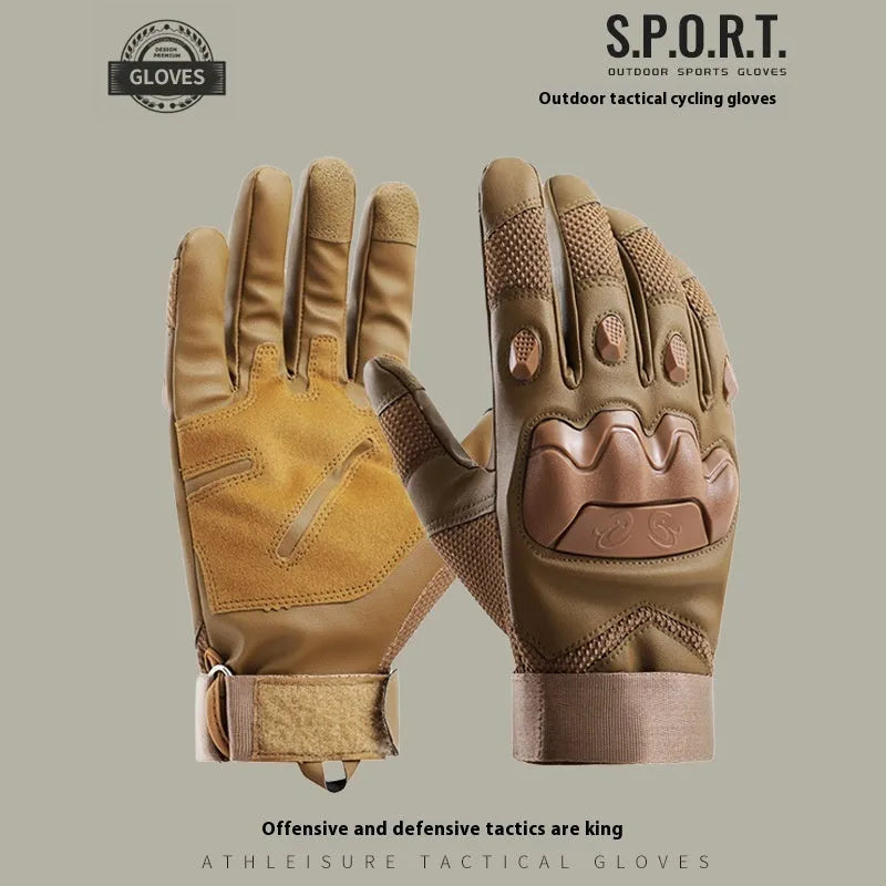 Men's black full finger tactical gloves with touch screen fingertips on a hand.