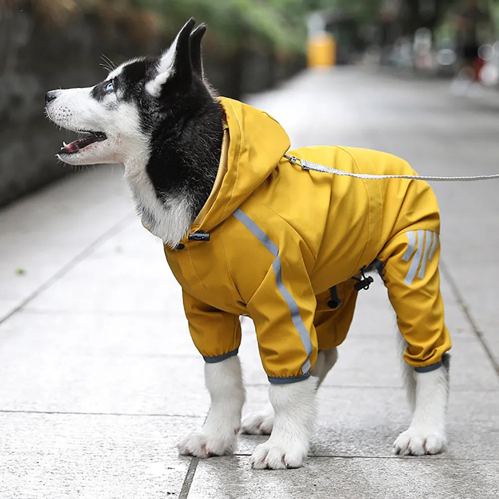 Waterproof dog raincoat with hood, reflective strips, and four-leg design on a small dog
