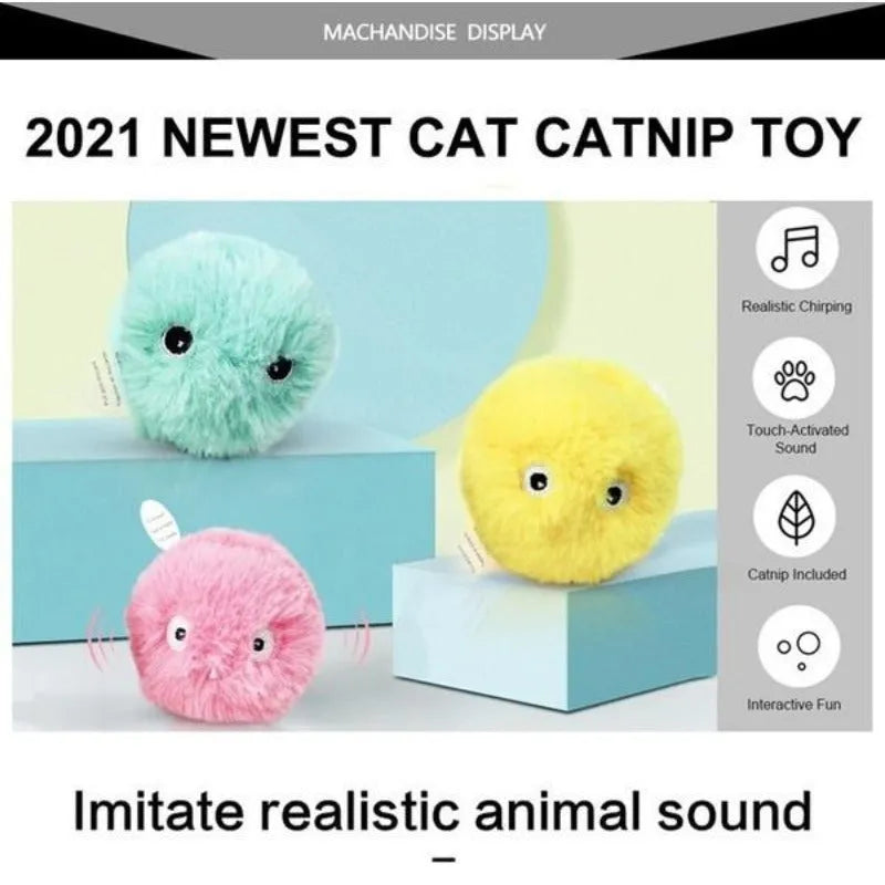 Blue, pink, and yellow electronic interactive toy ball for cats and dogs with animal sound activation.