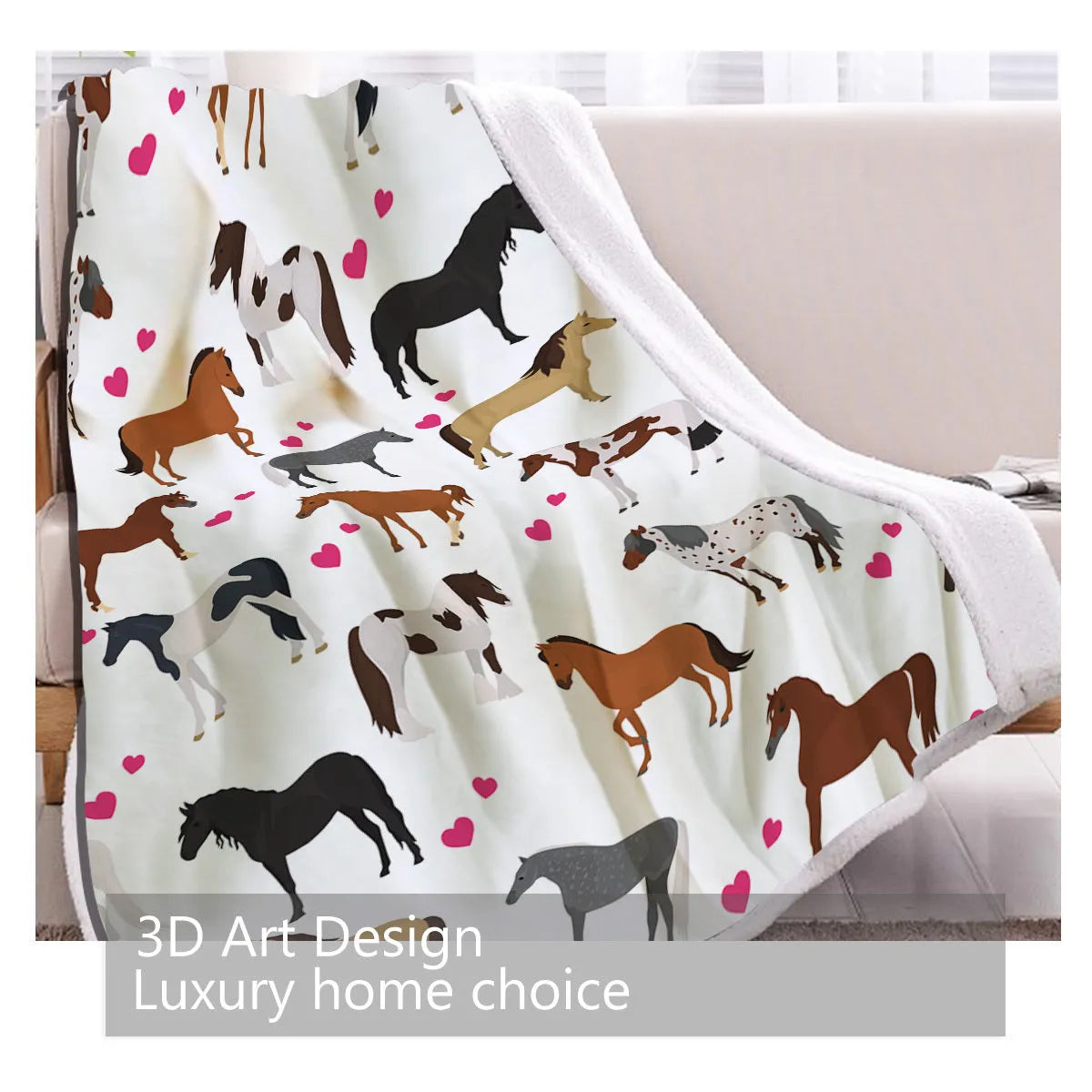White Sherpa fleece throw blanket with red heart and horse motif, 130x150cm or 150x200cm size for sofa or camping