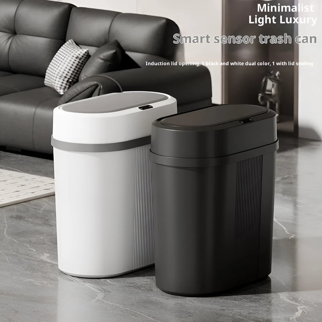 Smart trash can with waterproof sealed lid in black or white, square PP body for home use