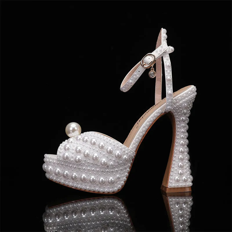 PU woman high heeled shoes, rhinestone stiletto pumps, fish mouth toe, buckle closure, beige colour, wedding banquet footwear