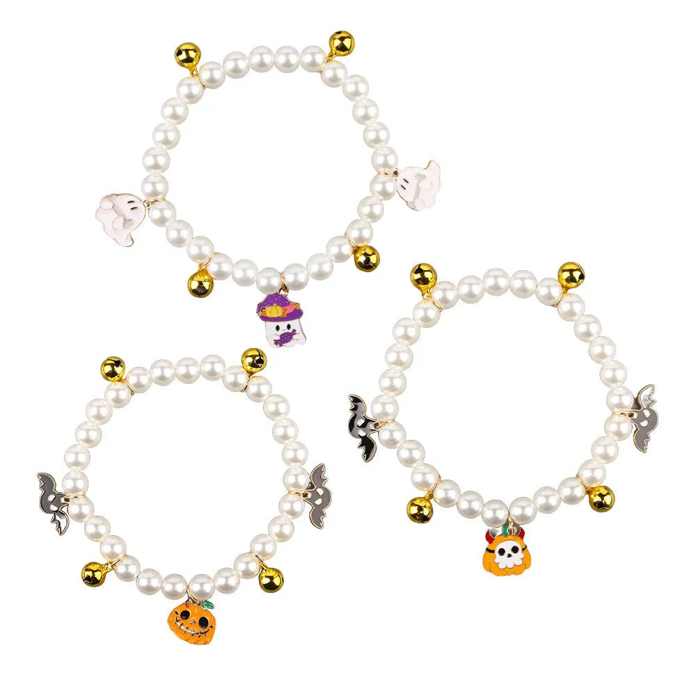 Simulated pearl Halloween cat collar with pumpkin and ghost decoration designs