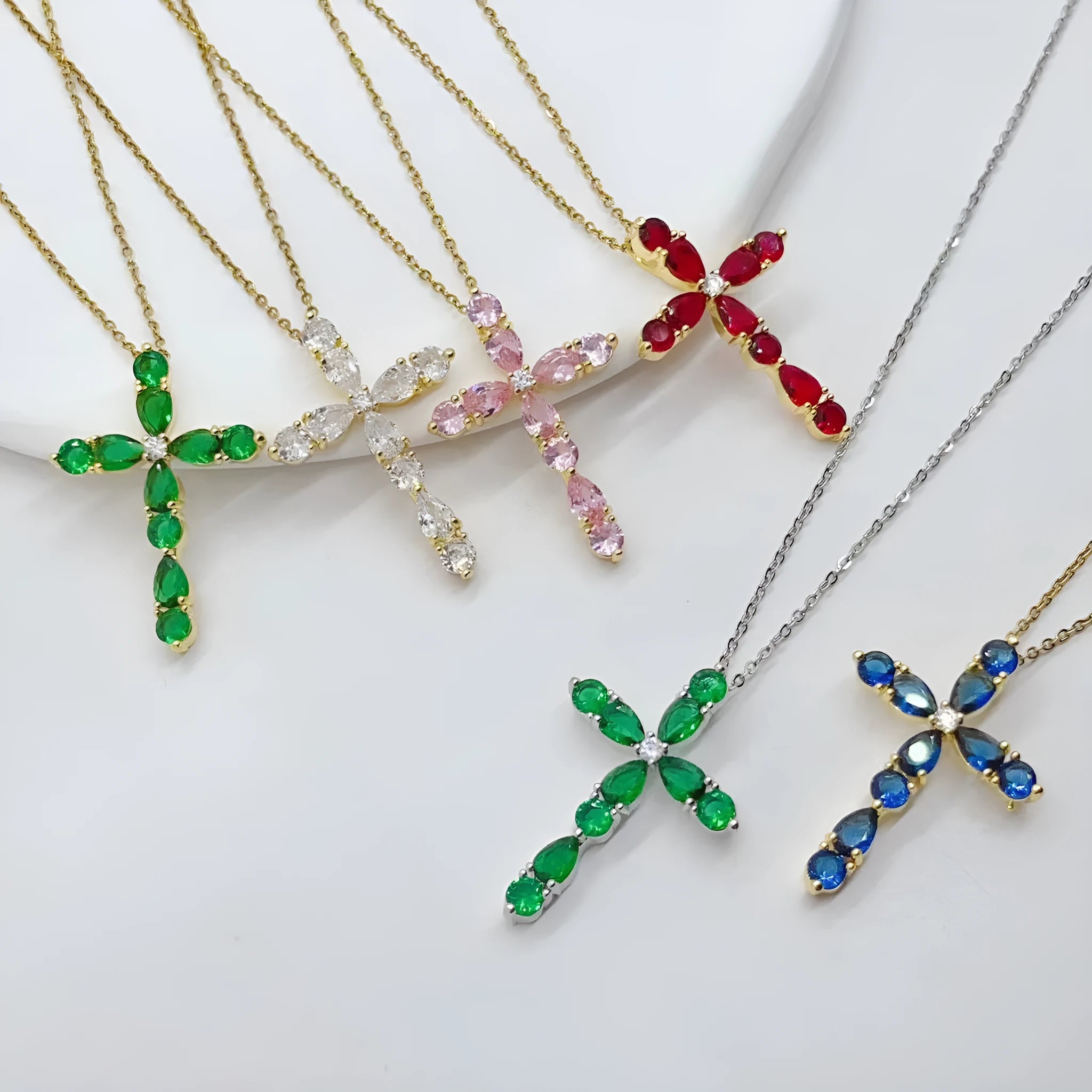 Colourful zircon micro inlay water drop cross necklace on O-ring chain, copper electroplated, 18K finish, unisex design