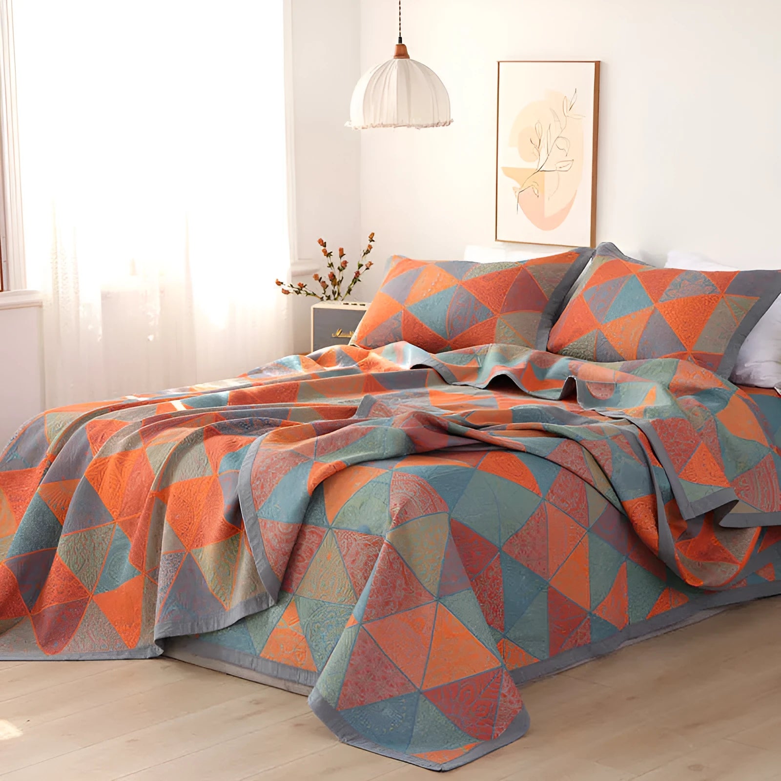 Cotton gauze three-piece blanket set with floral pattern and matching pillowcases for bed