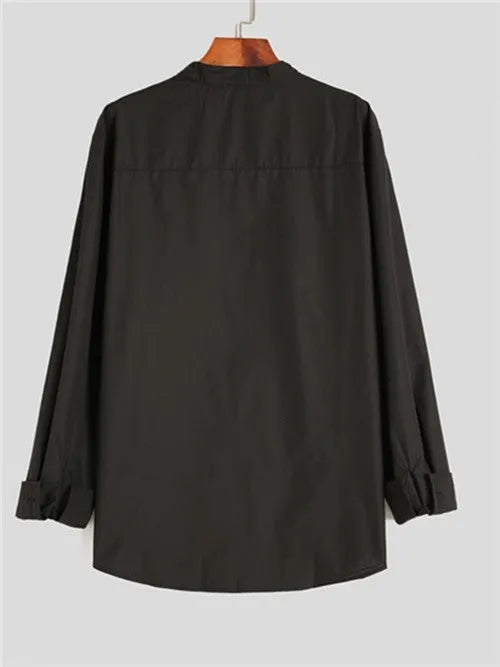 Teenage men's black stand-up collar shirt with fitted silhouette, shown front view, plain background.