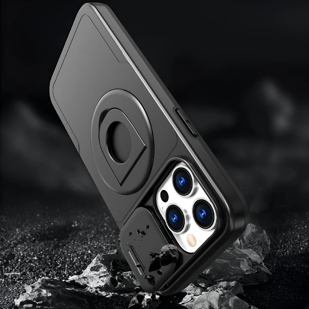 Phone case with sliding window magnetic ring and rotating bracket for Apple iPhone, shockproof PC TPU, black colour