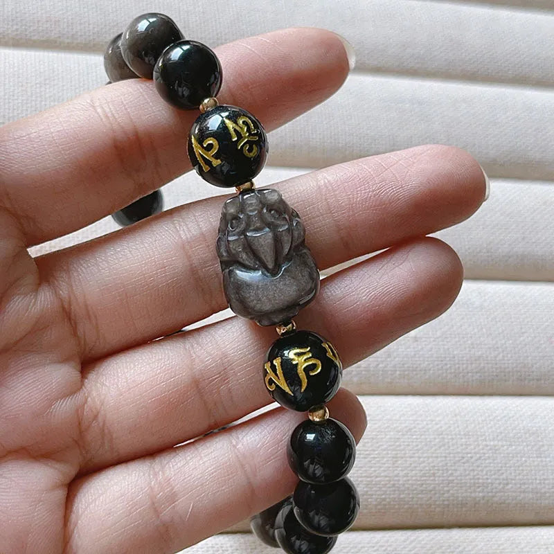 Men's natural silver stone bracelet with Chinese zodiac beads and adjustable fastening