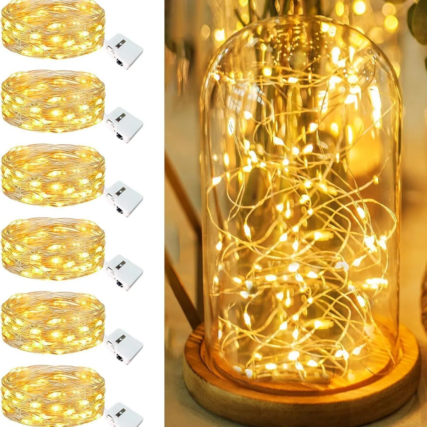 LED waterproof firefly string lights with warm white bulbs in 1m length on a dark background