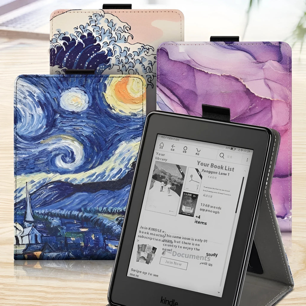 Handheld protective case for a 6-inch Kindle Paperwhite, showing TPU construction and integrated brackets.