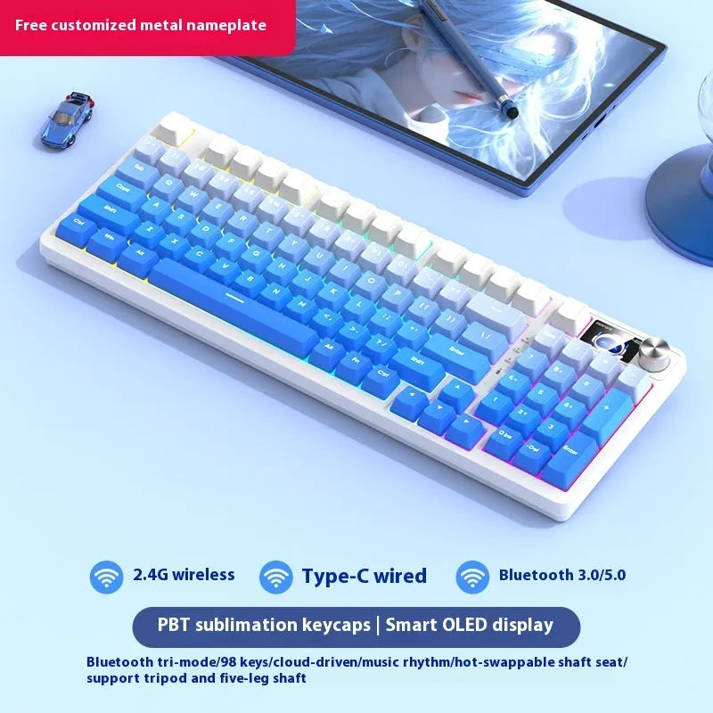 98-key wireless Bluetooth mechanical keyboard kit with metal knob and multiple colour background options