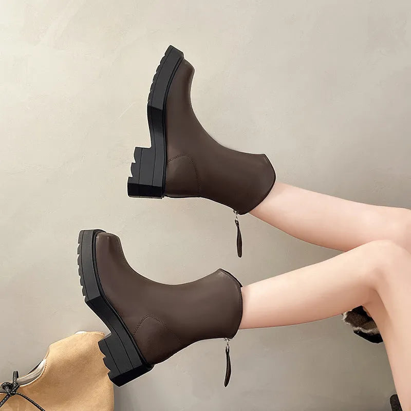 Women's black platform Martin boots with square toe and 6-8cm high heel