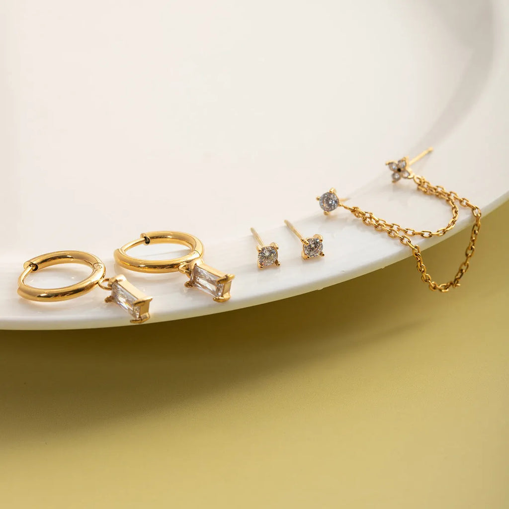 Geometric stainless steel earrings set of 5 with electroplated finish, light luxury style for women