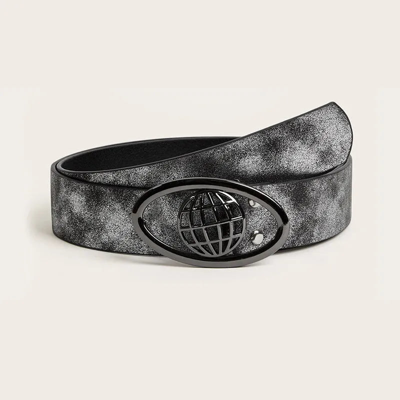 Retro thick grey and white women's belt with oval-shaped antique alloy buckle on PU leather strap.
