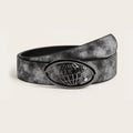 Retro thick grey and white women's belt with oval-shaped antique alloy buckle on PU leather strap.