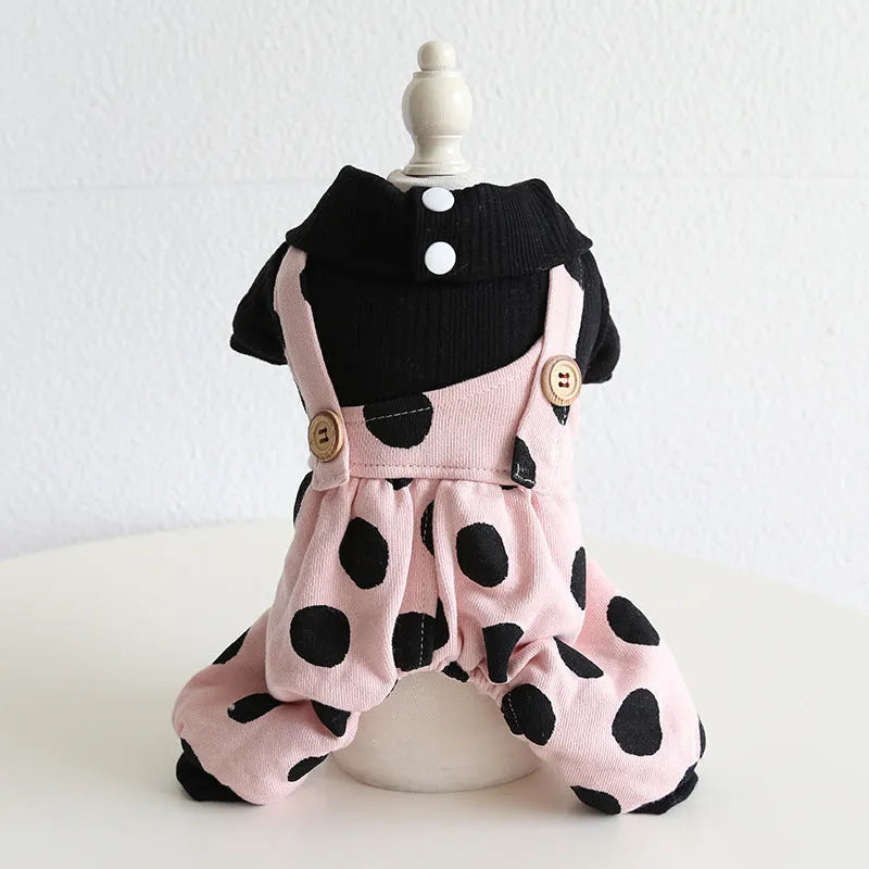 Pet clothing with lapel shoulder strap in casual cloth material showing four-legged and skirt style options