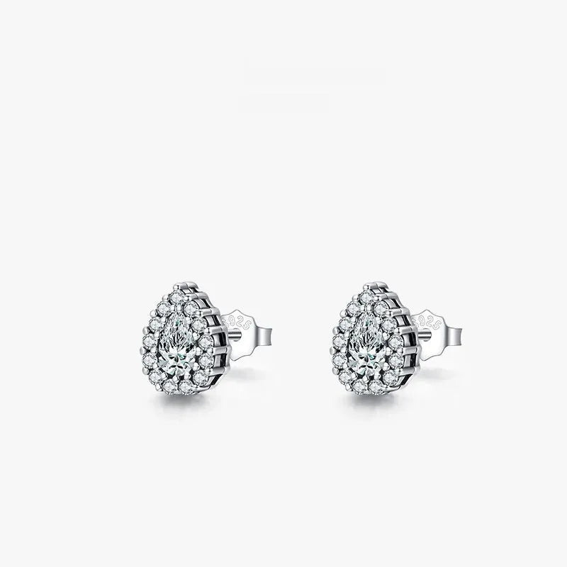 Women's silver water drop ear studs with diamond-cut surface on 925 sterling silver