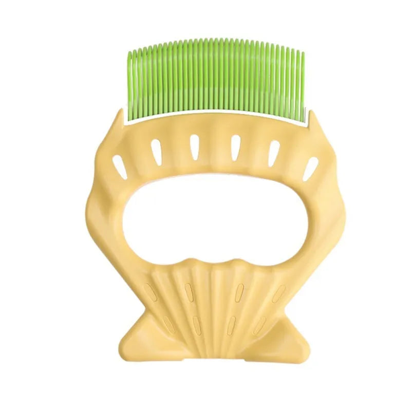 Green shell-shaped pet grooming brush with bent wire bristles and a plastic anti-slip handle.