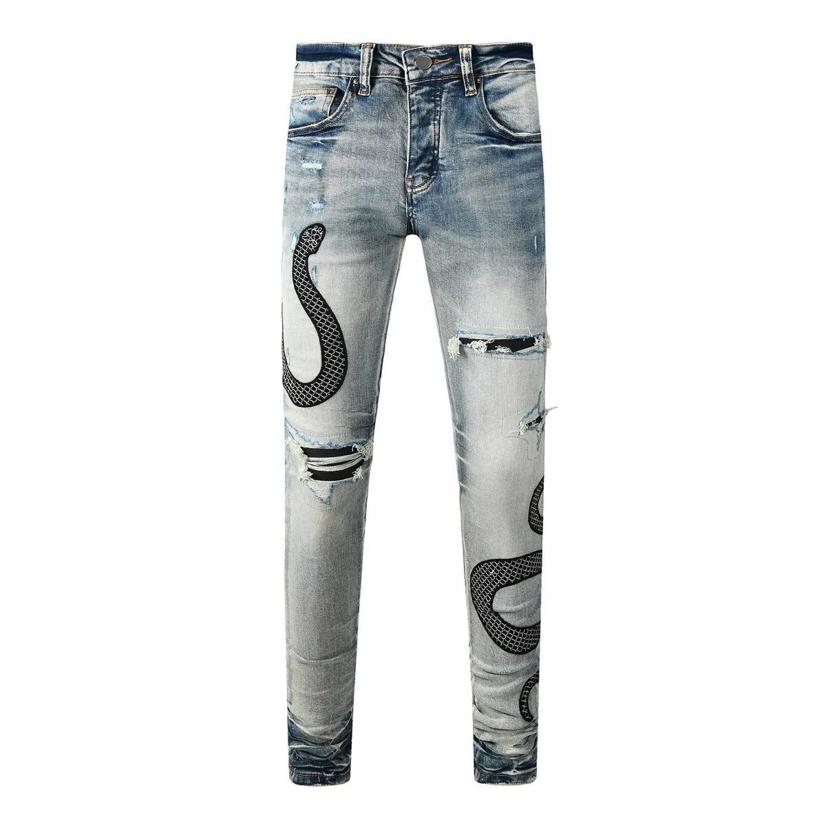 Men's distressed blue skinny jeans with a retro wash, shown with a button fly and a tight leg fit.