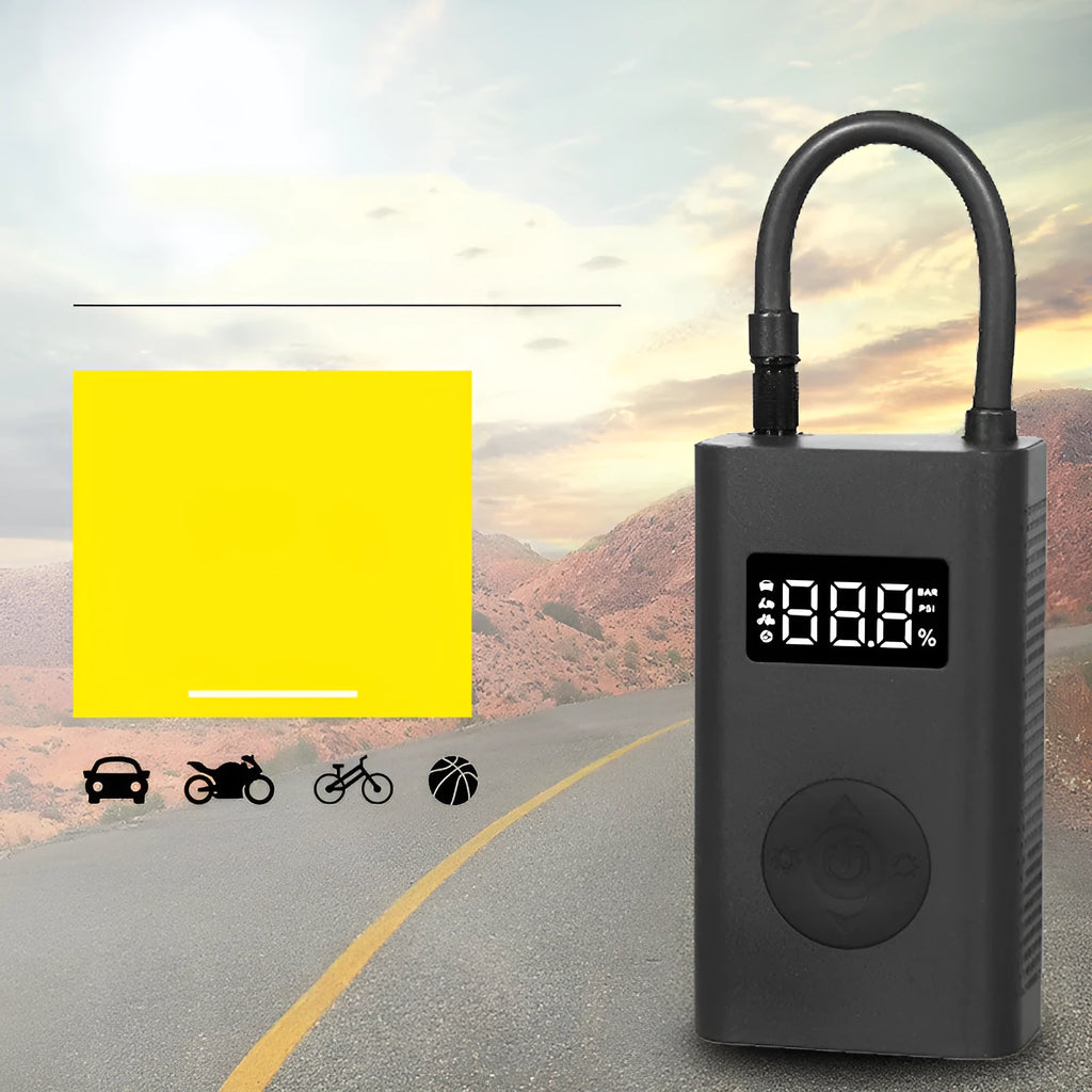 Black wireless car air pump with LED light and power bank function, 150psi, 25L/min airflow, USB charging, compact 127x71x45mm