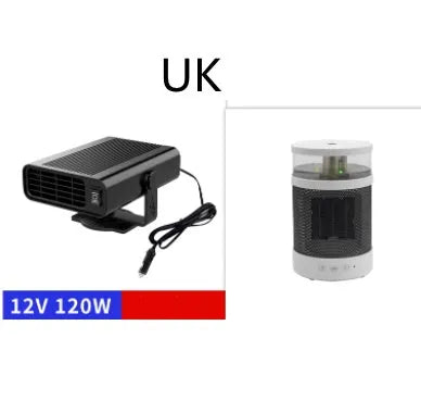 Universal 12V 24V car defrost heater in black ABS with 360-degree rotating holder and handle
