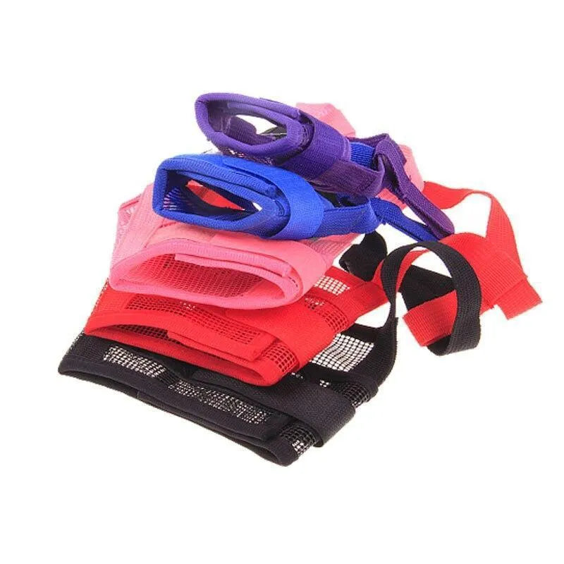 Adjustable plastic dog muzzle in multiple colours with size options for biting and barking control