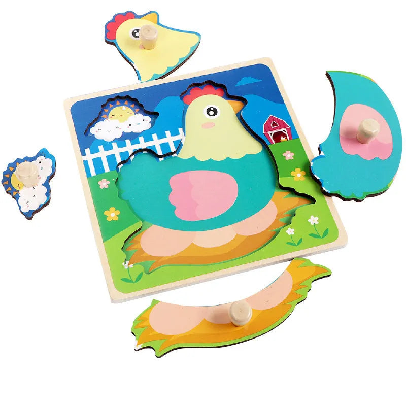Wooden children's dowel pin hand holding puzzle board with colourful animal themes for ages 4-6