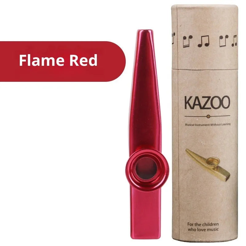 Metal kazoo in Flame Red with paper tube against a white background