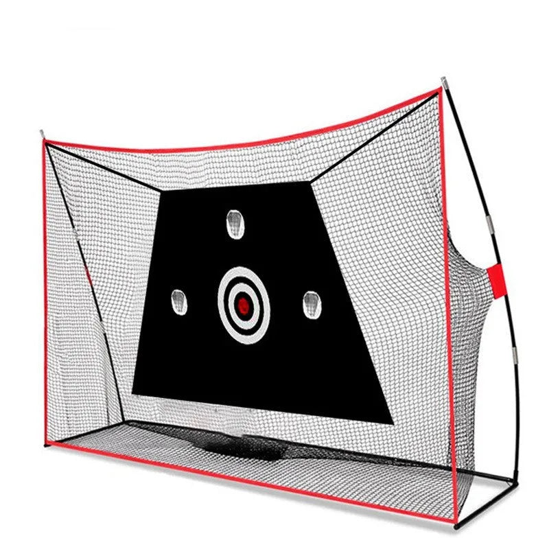 Golf swing wedge training net with 3-hole cross design and straw mat on grass