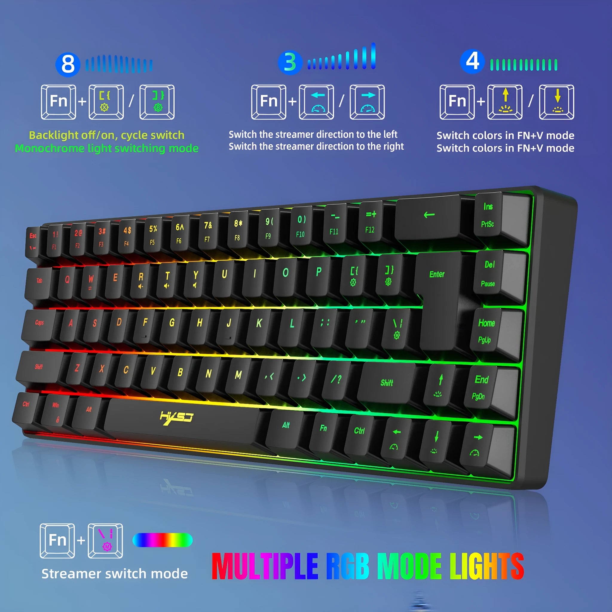 Mechanical feeling membrane gaming keyboard 68 keys wired ABS black compact 31cm