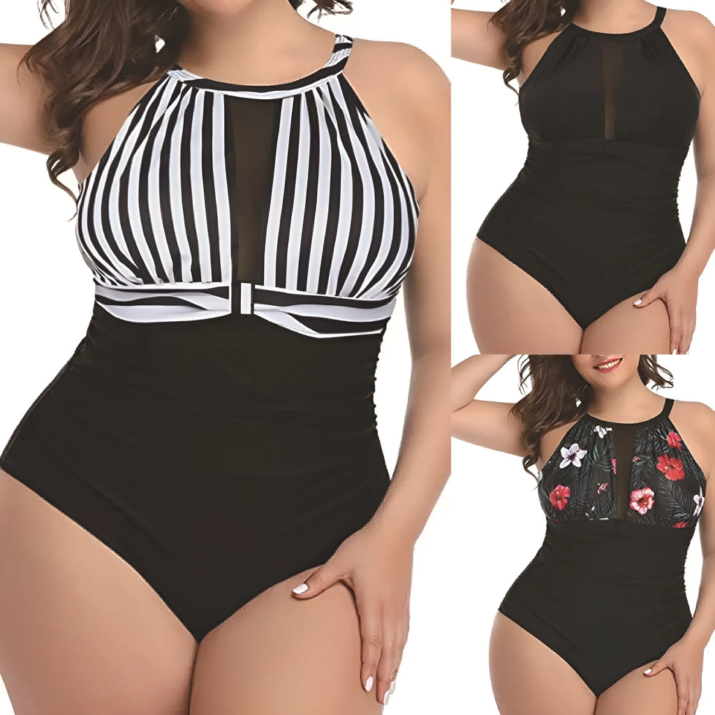 Women's black lace one-piece swimsuit shown next to striped and red floral pattern variants on a mannequin.
