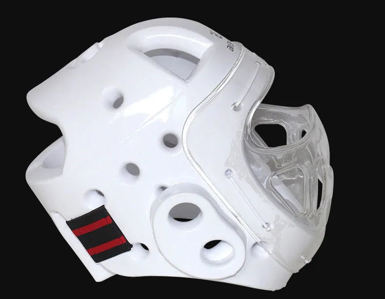 Karate helmet protective equipment for boxing training in white, blue, and red colours with multiple size options