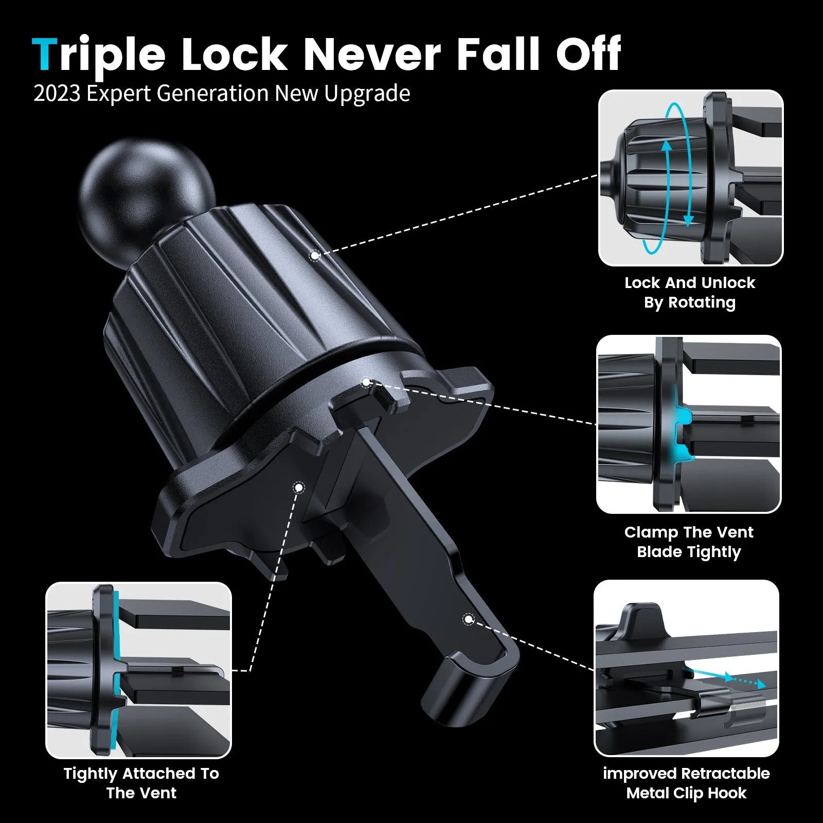 Black snap-on car air outlet phone holder M06-AV6S for universal vehicles with rechargeable battery